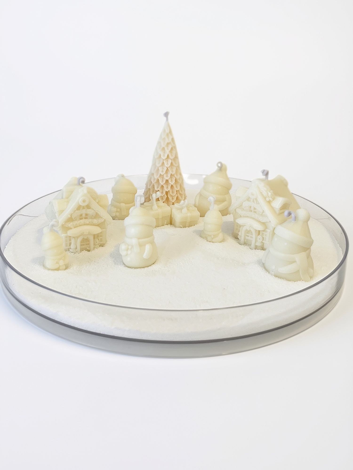 Velas Villa CHIE: set de velas navideñas de cera de soya en forma de casita, regalo y muñecos de nieve.